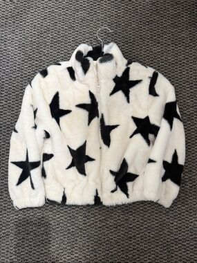 Old Navy White Faux Fur Puffer Jacket with Black Star Print